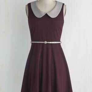 Fervour Mod Style Sleeveless Burgundy Dress with Gray Peter Pan Collar NO BELT.